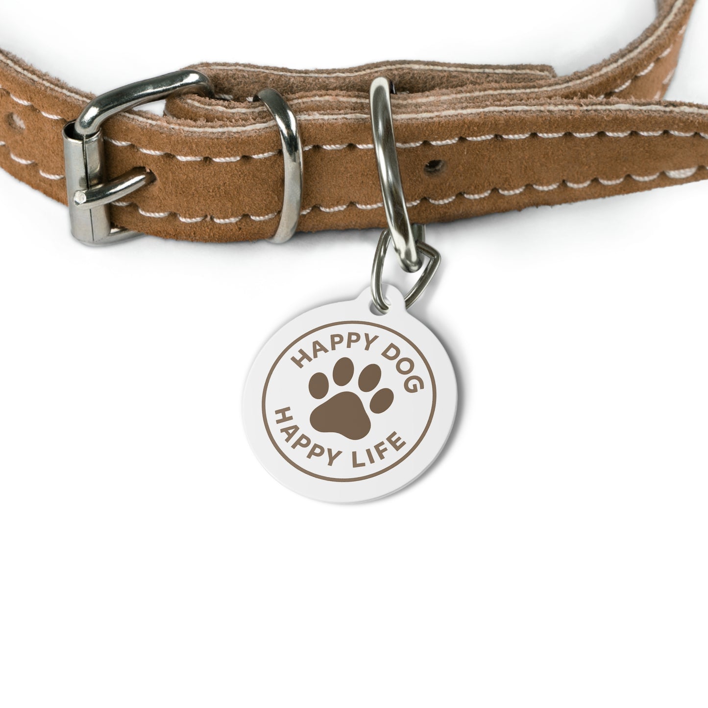 Pet Tag — "Happy Dog, Happy Life" Round Paw Print ID Tag