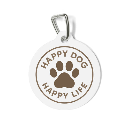 Pet Tag — "Happy Dog, Happy Life" Round Paw Print ID Tag